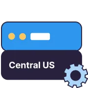 Blue rectangular cloud interface with two yellow dots and a white input field above the text 'Central US' and a blue gear icon on the bottom right.
