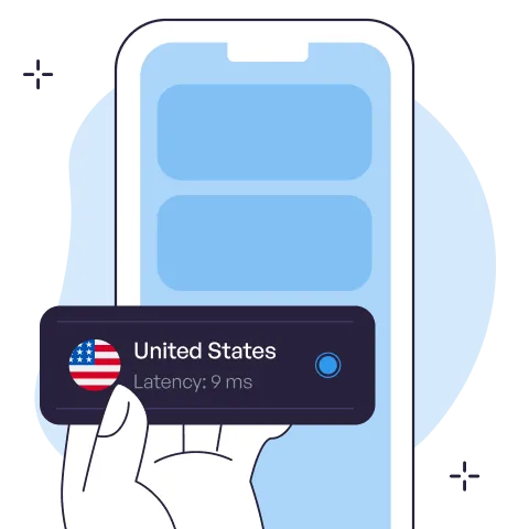 Hand holding a smartphone displaying a popup with the United States flag, label, and latency of 9 ms.