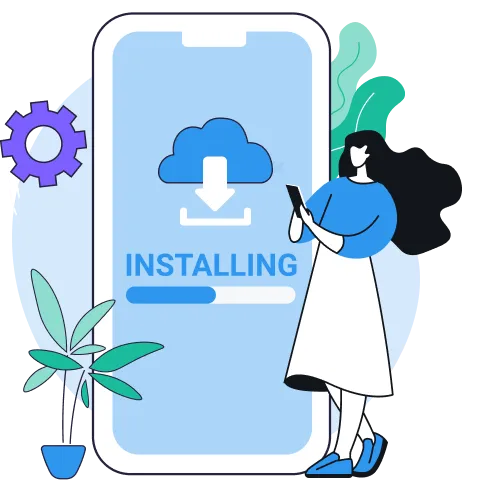 Illustration of a woman standing next to a large smartphone displaying a cloud download icon and an installation progress bar labeled 'INSTALLING'.