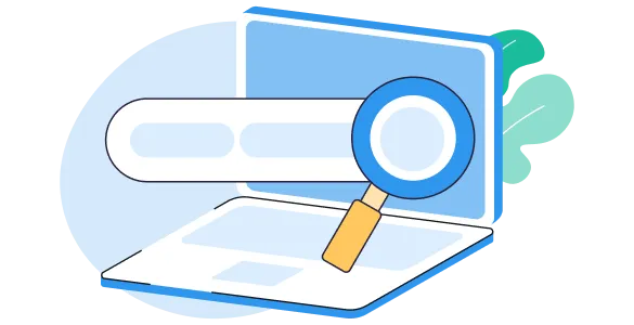 Illustration of a laptop with a large magnifying glass over a search bar on the screen.