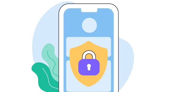Smartphone screen displaying a shield with a purple padlock symbolizing security or privacy.