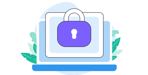 Illustration of a laptop with a large purple padlock on the screen symbolizing cybersecurity or data protection.