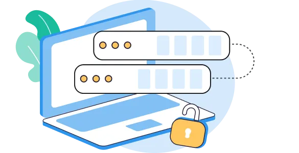 Illustration of a laptop with two password entry boxes and an unlocked padlock symbolizing password input or security access.