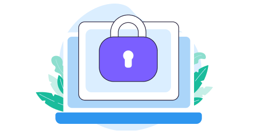 Illustration of a laptop with a prominently displayed purple padlock symbolizing security or privacy.