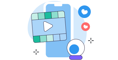 Illustration of a smartphone with a video play icon and social media heart and like notifications.
