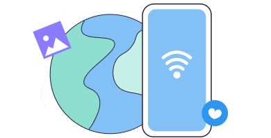Illustration of a smartphone with a Wi-Fi symbol in front of a globe and a floating image icon.