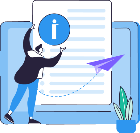 Illustration of a person holding an information icon in front of a large document on a laptop screen with a purple paper airplane flying and a small potted plant nearby.