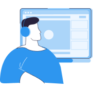 Illustration of a person wearing headphones looking at a large computer screen with interface elements.