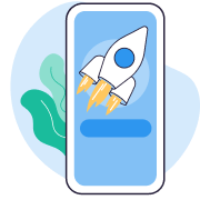 Smartphone displaying a rocket launching with flames, symbolizing startup or app launch.