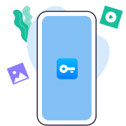 Smartphone screen displaying a blue app icon with a white key symbol, surrounded by floating digital icons.