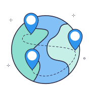 Illustration of Earth with three location pins connected by dashed lines.