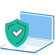 Open laptop with a green shield icon featuring a white checkmark in front of it, symbolizing security.
