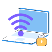 Blue laptop with a purple wireless signal icon and a yellow padlock symbolizing secure Wi-Fi connection.