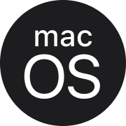 Black circular logo with lowercase text 'mac' above large uppercase 'OS'.