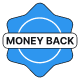 Blue star-shaped badge with text 'MONEY BACK' inside a white oval badge.