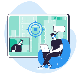 Illustration of two people communicating via laptops with a large target symbol between them.