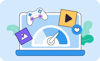 Laptop with speedometer and icons for gaming, images, and video indicating fast media performance.