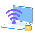 Open laptop with a large wireless signal icon and a small padlock symbol representing Wi-Fi protection.