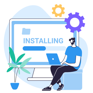 Person sitting with laptop next to a large screen showing an installing progress bar and gears.