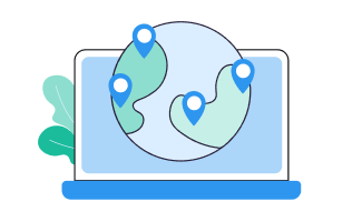 Laptop displaying a globe with location pins marking spots on different continents.