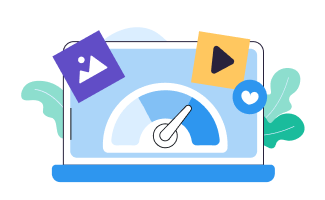 Laptop with speedometer showing fast performance surrounded by image, video, and heart icons.