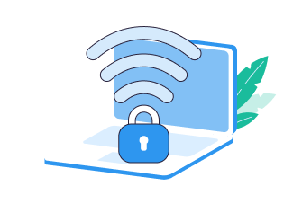 Blue laptop with wireless signal and padlock icon indicating secure Wi-Fi or network protection.