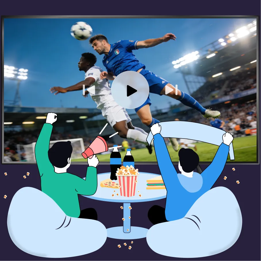 Two people watch a soccer match on TV, cheering with snacks and drinks on a table.