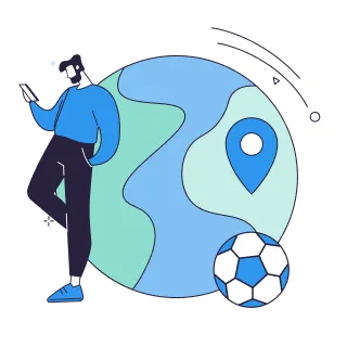 Person with smartphone next to a globe, soccer ball, and location pin icon.