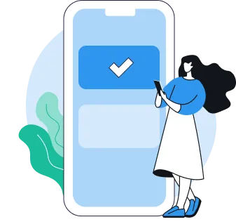Illustration of a woman standing next to a large smartphone showing a blue checked box.