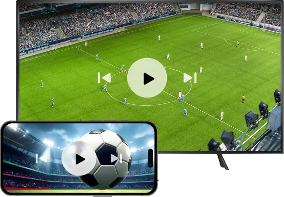 TV showing soccer match from above and phone showing a close-up of a soccer ball in a stadium.