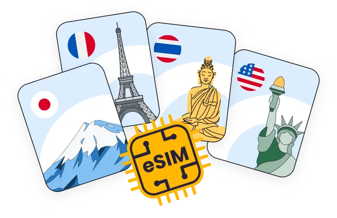 Cards with icons of Japan, France, Thailand, USA landmarks and an eSIM chip symbol in front.