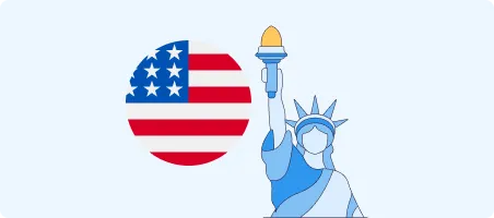 Illustration of the Statue of Liberty with U.S. flag circle on a light blue background.