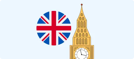 Big Ben clock tower next to a round British flag with red, white, and blue colors.