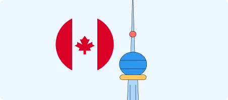 Canadian flag with red maple leaf next to the blue CN Tower on light blue background.