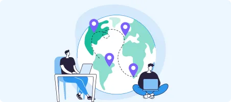 Two people using laptops connected globally with location pins on a world map behind them.