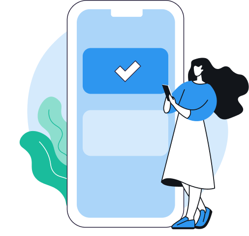 Woman standing beside a smartphone displaying a blue checkmark on screen.