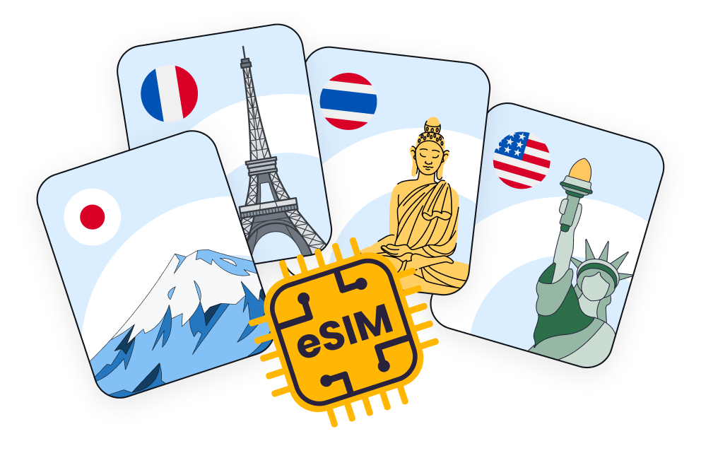 Illustrated cards of Japan, France, Thailand, and USA landmarks with a yellow eSIM chip overlay.
