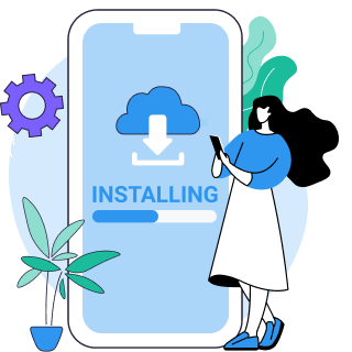 Person standing beside phone with cloud download icon and installing progress bar on screen.
