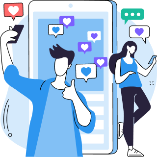 Man taking selfie with thumbs up and woman texting, with social media heart and chat icons around them.