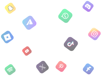 Floating colorful app icons for Snapchat, WhatsApp, Instagram, TikTok, Facebook, Spotify, YouTube, Discord, and others.