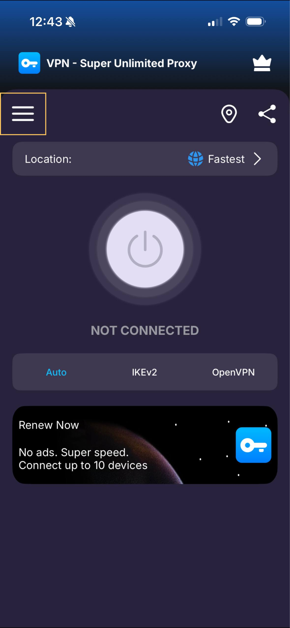 VPN Super hamburger menu on home screen