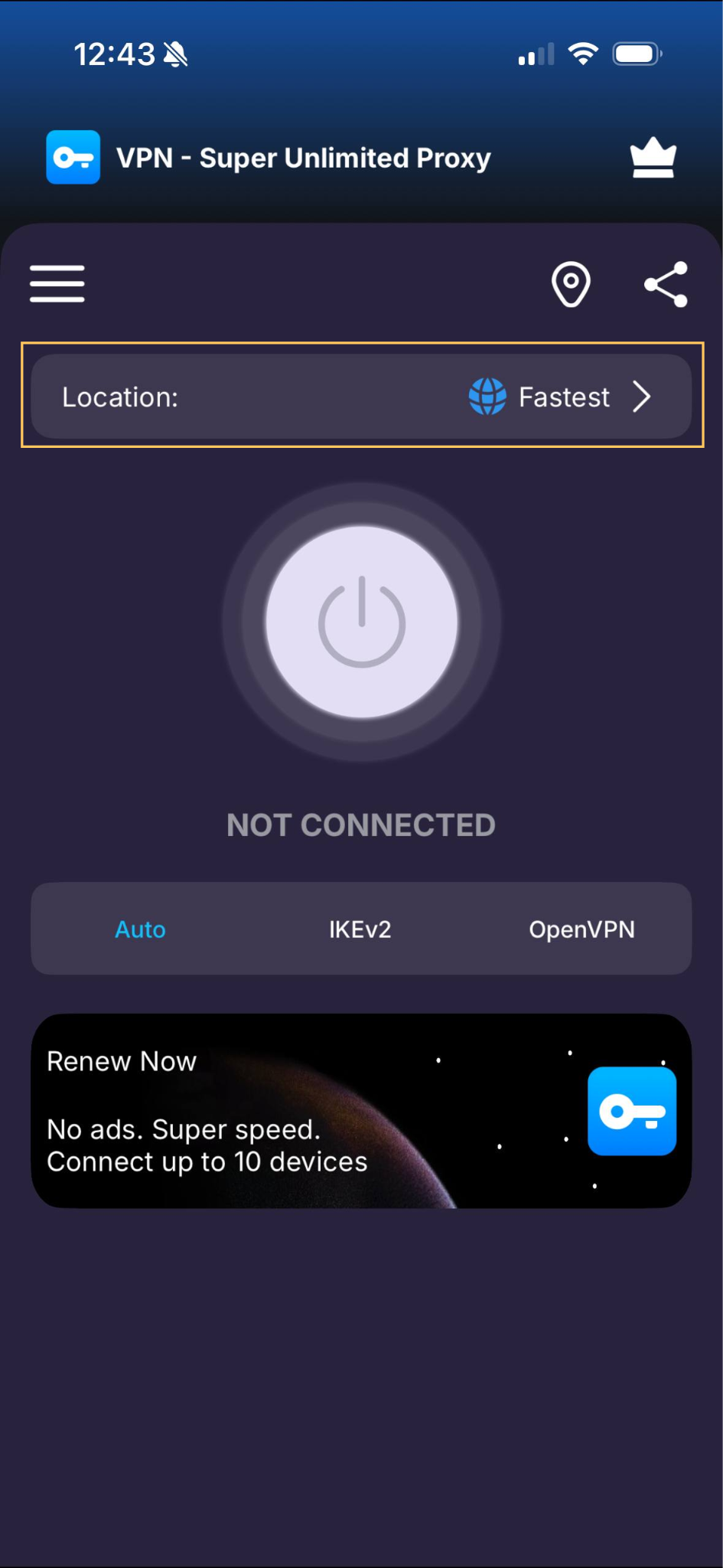 VPN Super server location selector