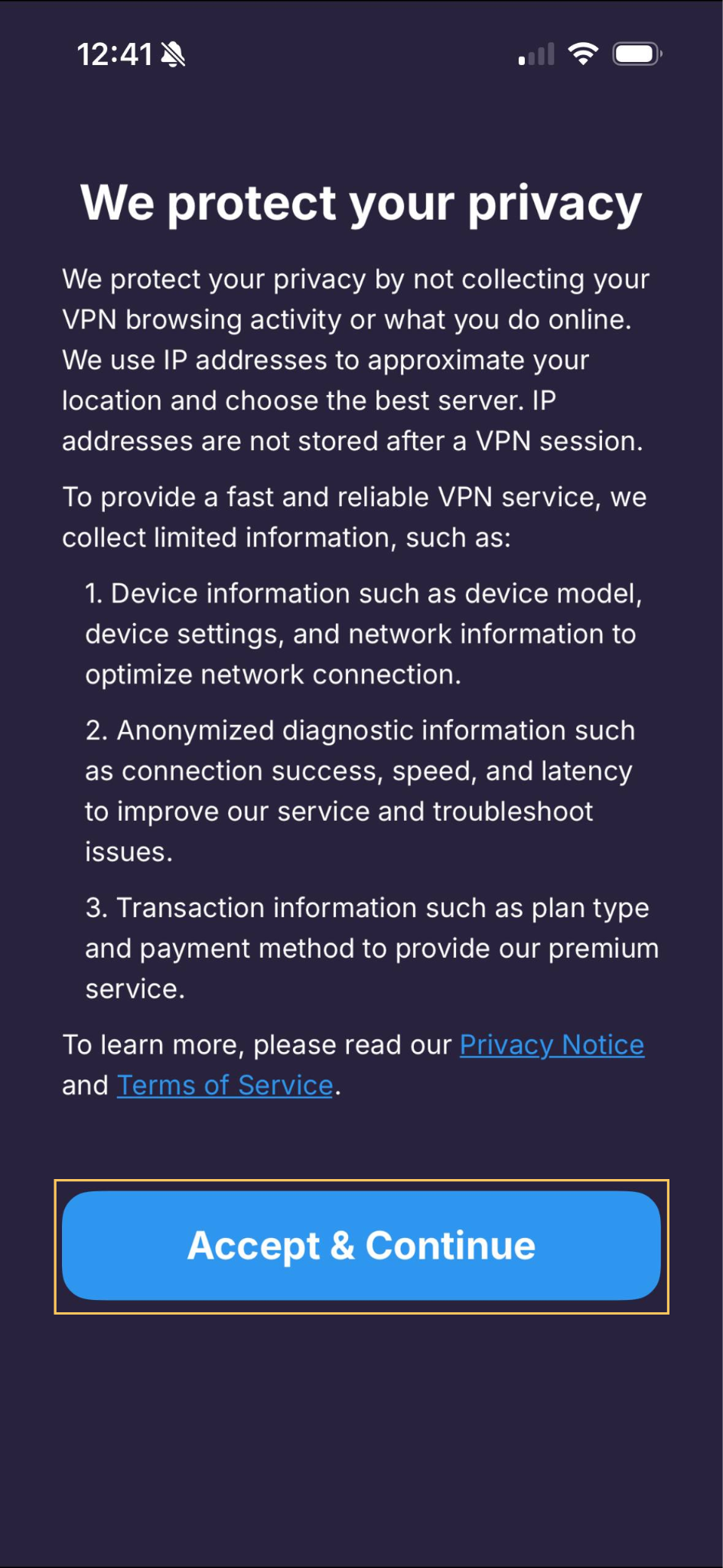 Privacy Notice screen in VPN Super