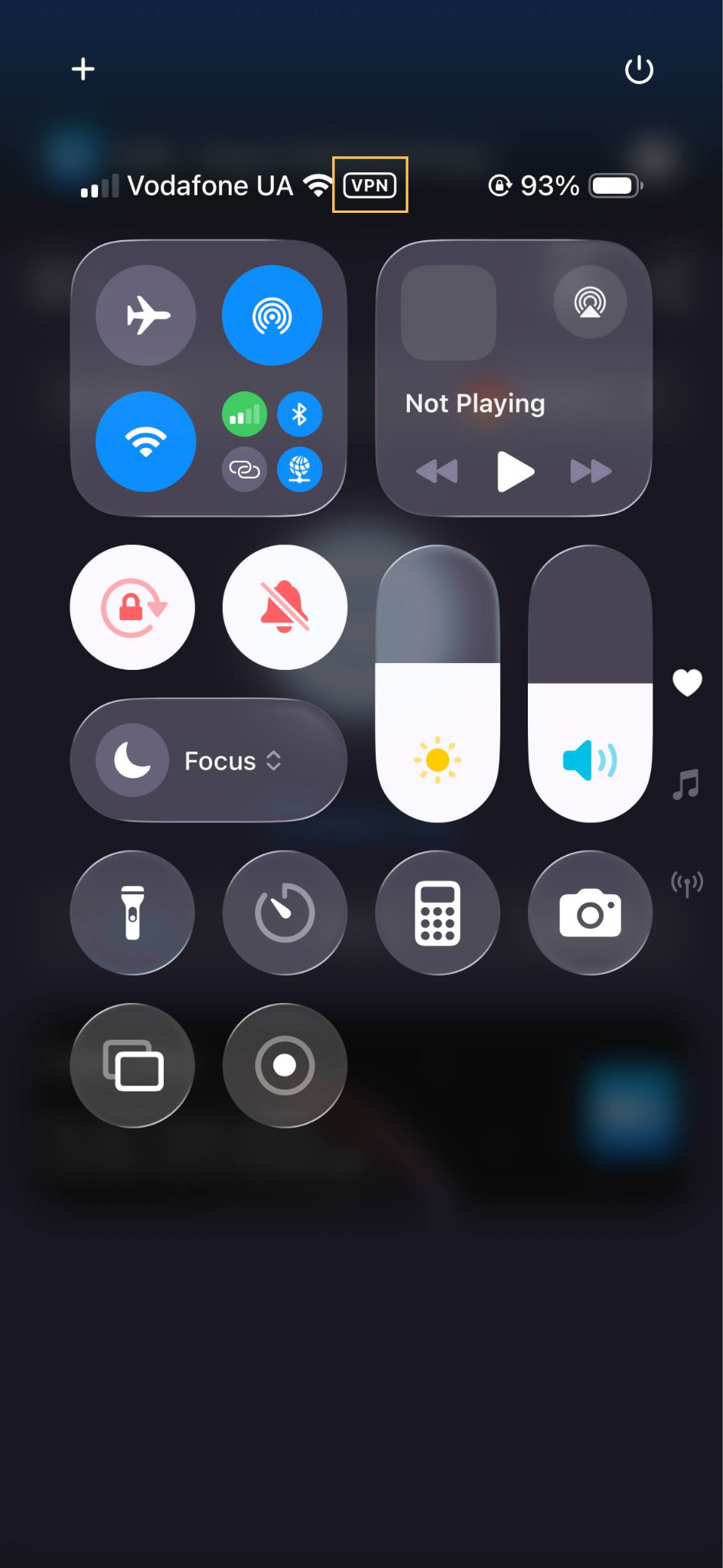iPhone Control Center showing VPN connection active