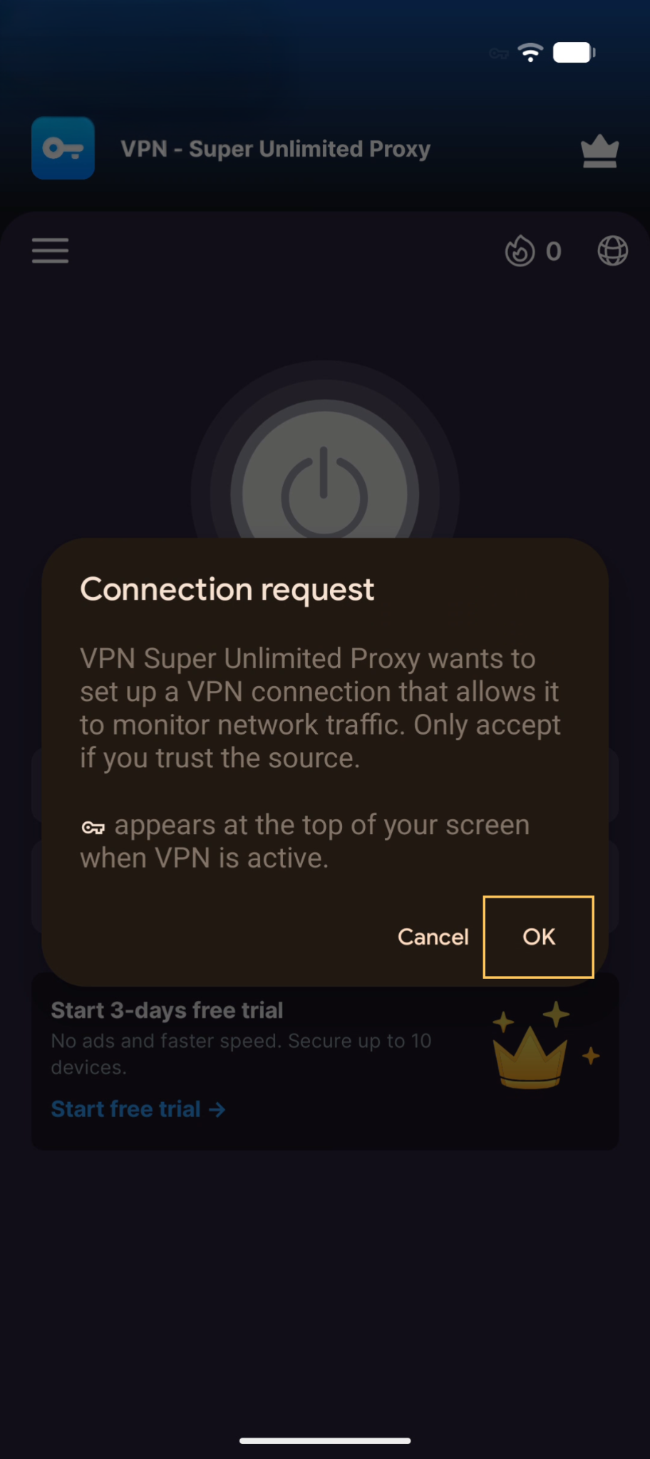Notification permission prompt for VPN Super on Android