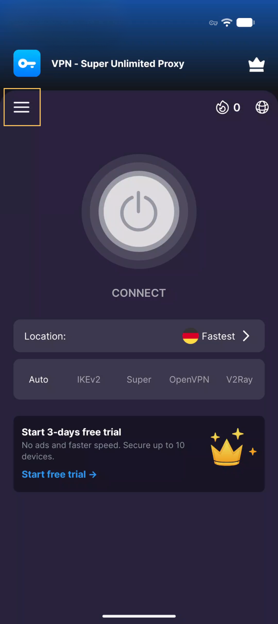 Hamburger menu on VPN Super home screen