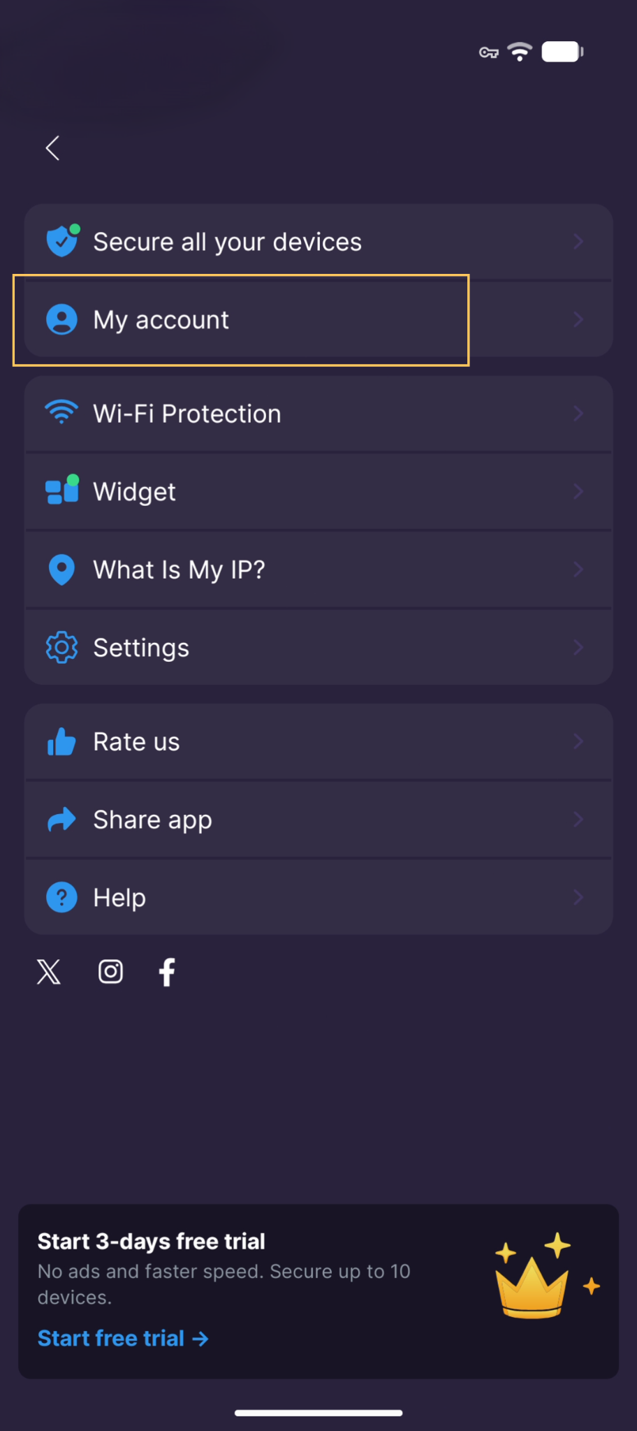Side navigation menu showing My Account option