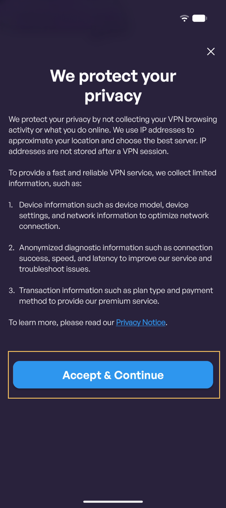 Privacy Notice screen in VPN Super on Android