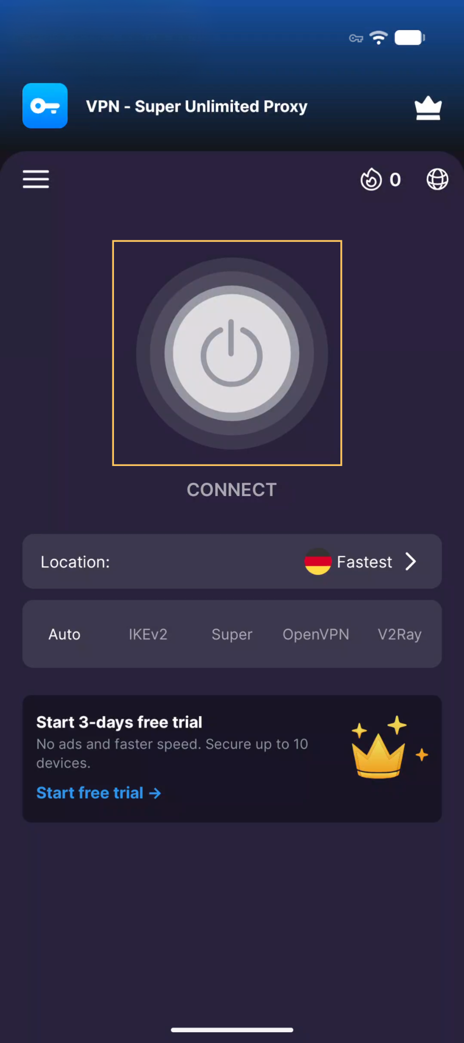 Connect button on VPN Super Android home screen