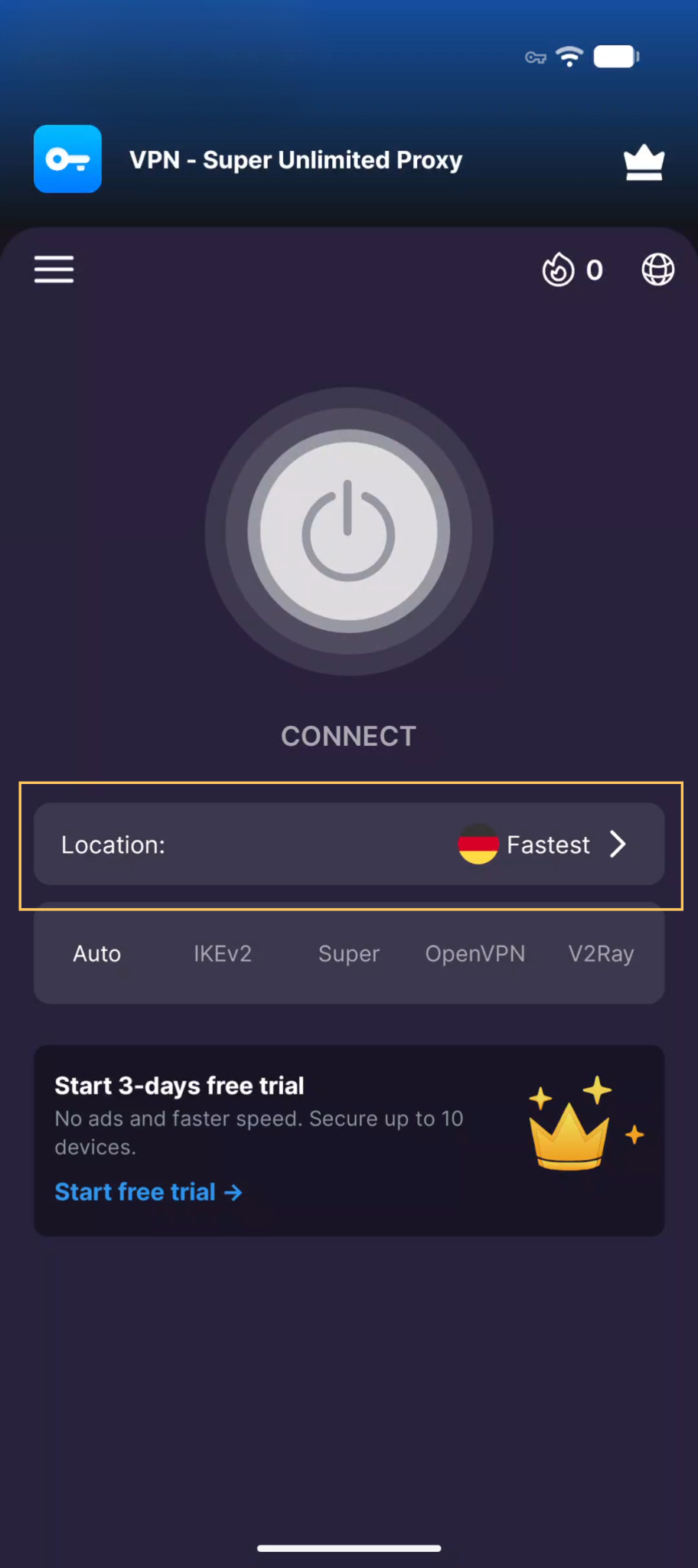 Server location selector on VPN Super Android